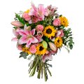 Sonnenblumen, Rosen und Lilien